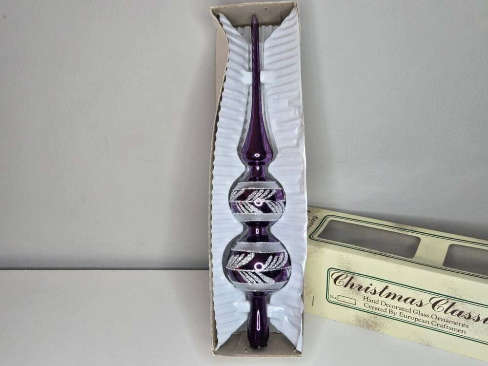 Christmas Classics Hand Decorated Glass Tree Topper Purple with Silver Glitter